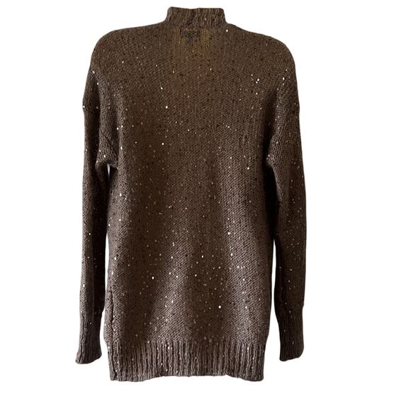 Express Size M Sequin Embellished Taupe Cardigan Sweater Open Front Pockets - Picture 3 of 9